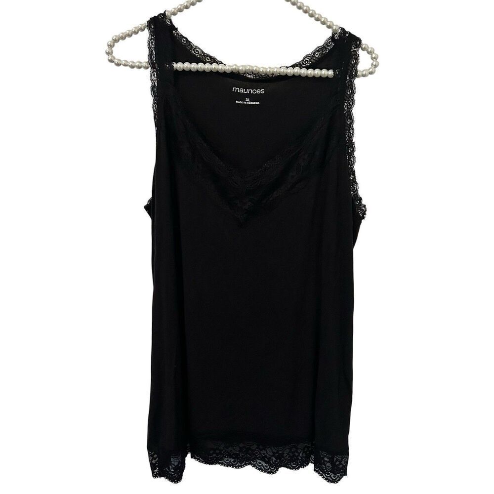 Womens Y2K Lace Trim Hem V Neck  Cami Tank Top XL Fitted Black Layer Maurices